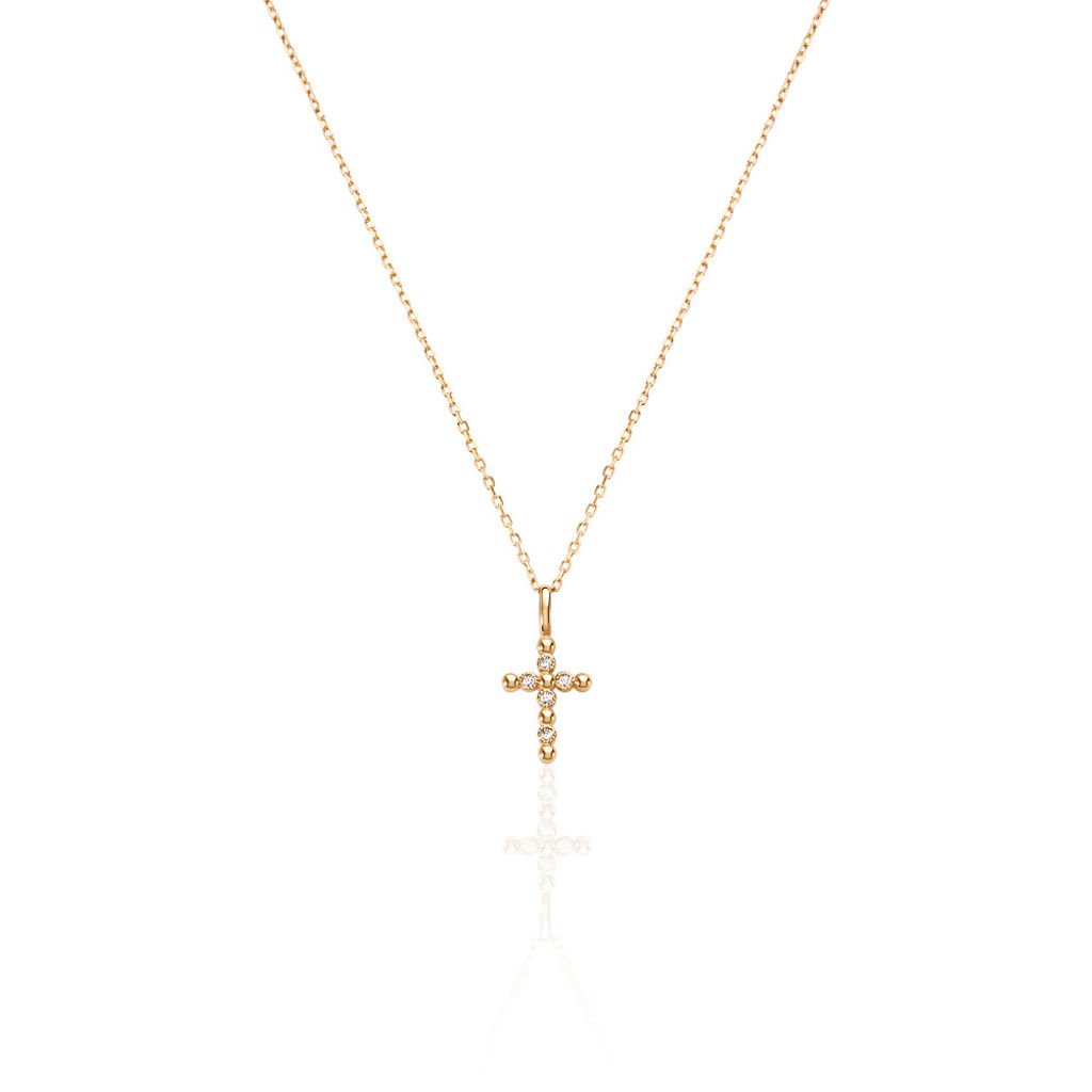 ASPEN Damen Collier Vergoldet Zirkonia Weiß Religiöses Kreuz, Collier mit Stein