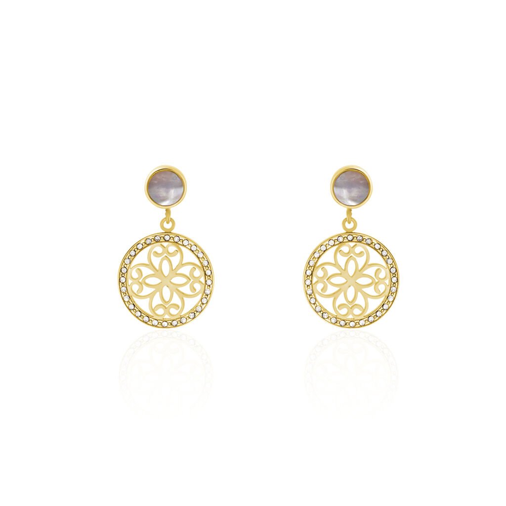 MITKA 1 Damen Ohrringe Lang Edelstahl vergoldet Kristall Wei&szlig; 0,11 ct Rosette