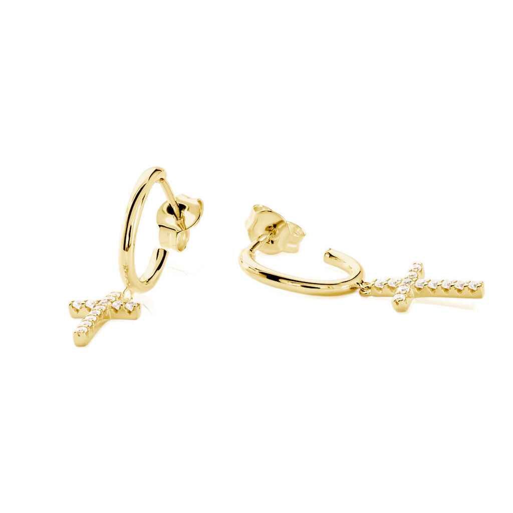 Ponia Damen Ohrringe Lang Gold 375 (9 Karat) Zirkonia Weiß Kreuz, Ohrringe Lang mit Stein