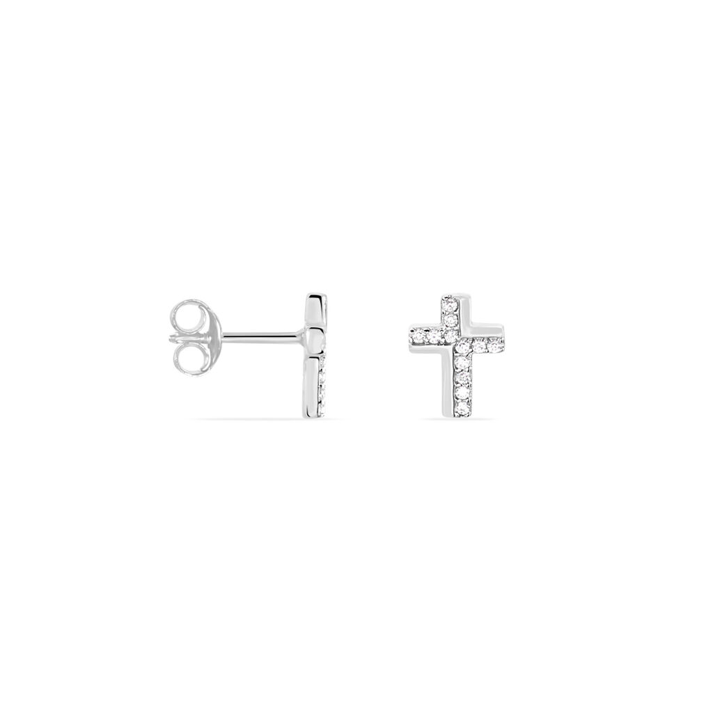 ROSA KREUZ Damen Ohrstecker Silber 925 Zirkonia Wei&szlig; Religi&ouml;ses Kreuz