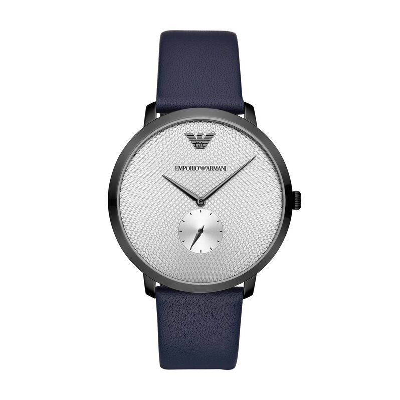Emporio Armani orologio solotempo in acciaio dark silver e cinturino in pelle blu e quadrante silver - Spannringe Herren | OROVIVO