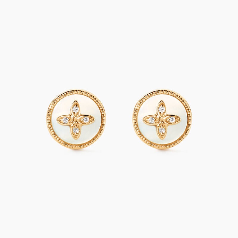 Boucles D'oreilles Puces Talisman Or Jaune Nacre Diamant - Spannringe Damen | OROVIVO