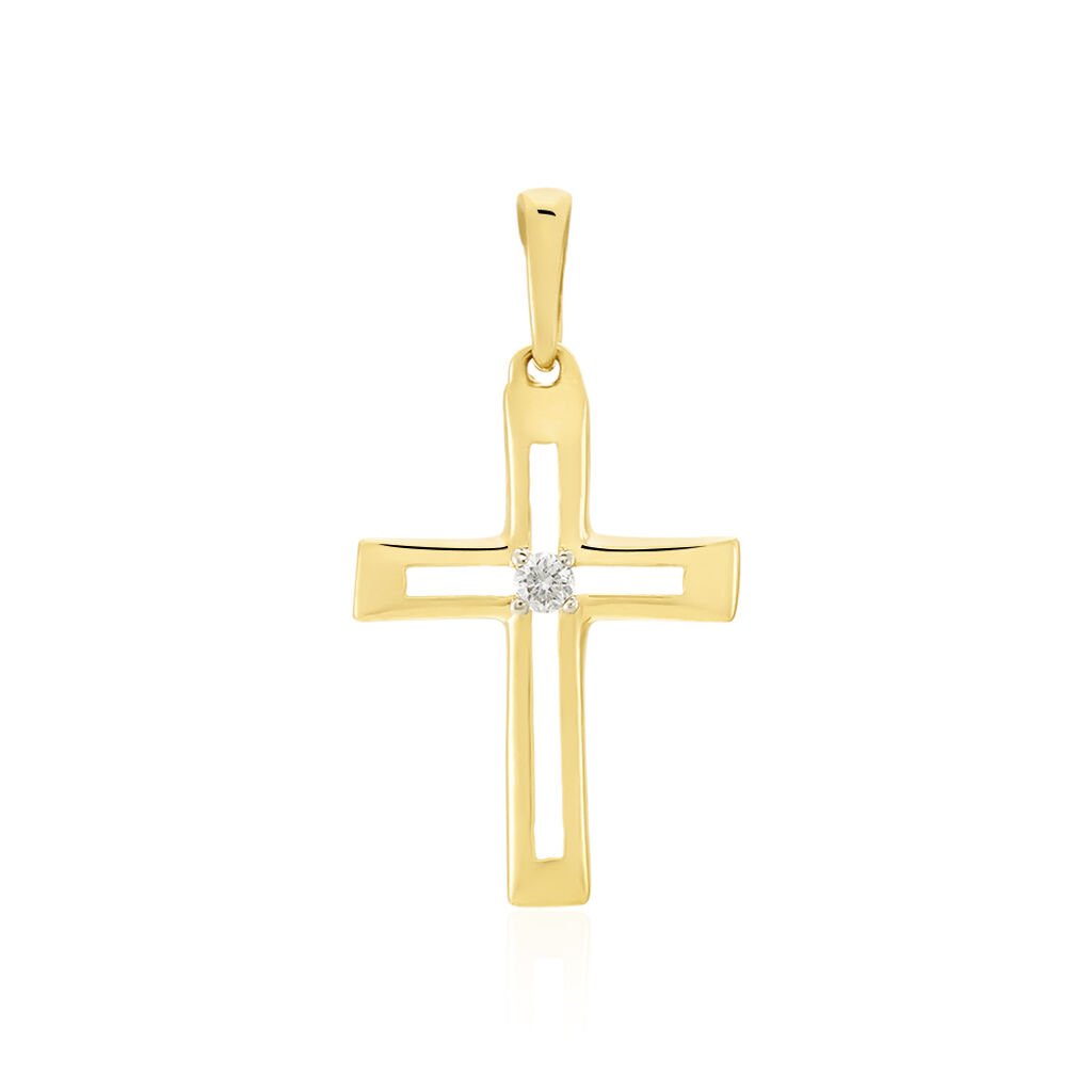Damen Anhänger Gold 375 (9 Karat) Diamant Weiß 0,02 ct Religiöses Kreuz, Anhänger mit Stein