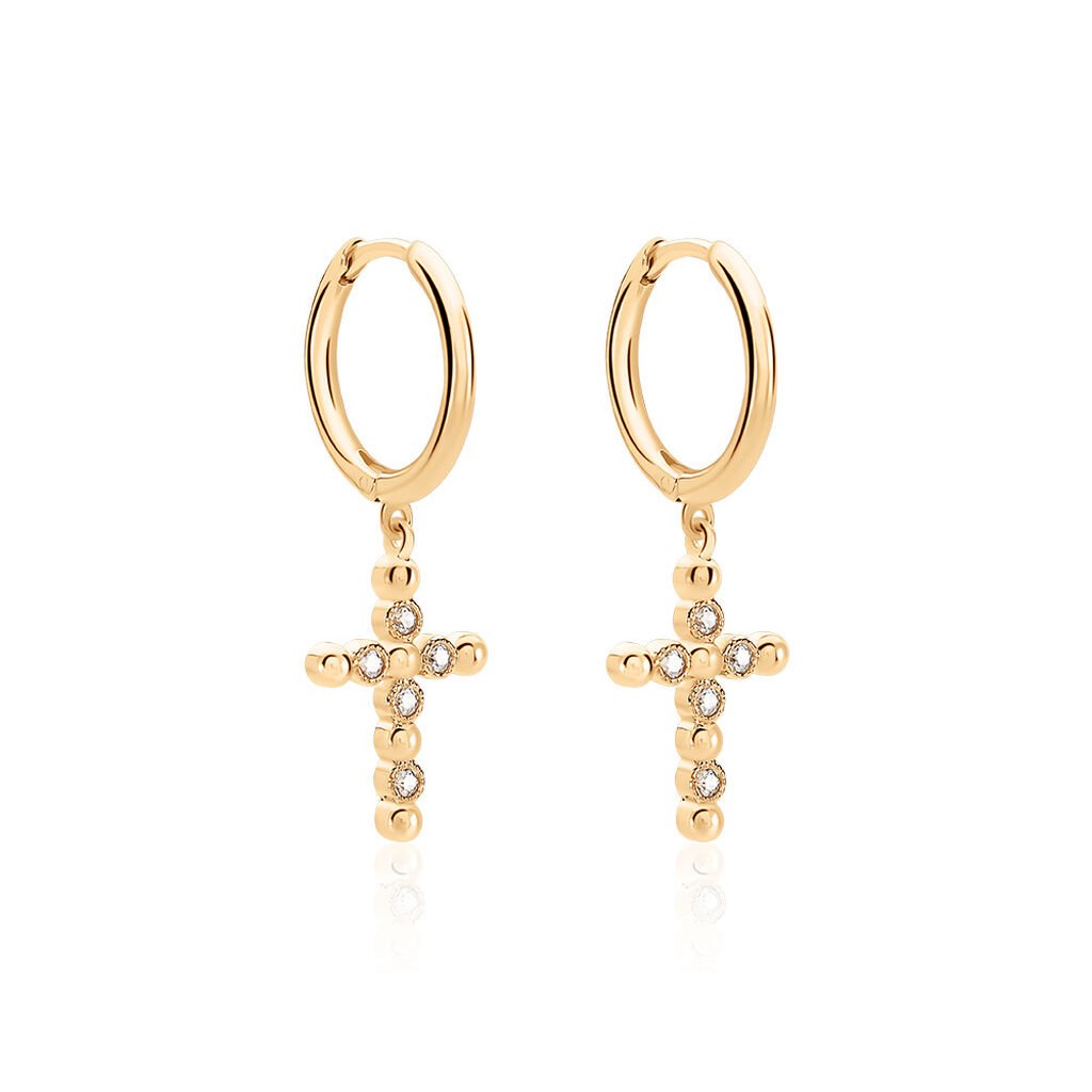 ASPEN Damen Creolen Vergoldet Zirkonia Weiß Religiöses Kreuz, Creolen mit Stein