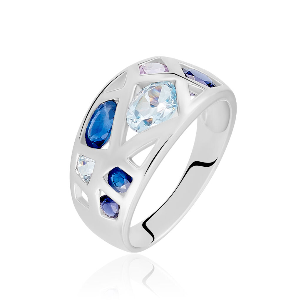 Bague Mosaique Or Blanc Cordierite Et Topaze Et Saphir - Spannringe Damen | OROVIVO