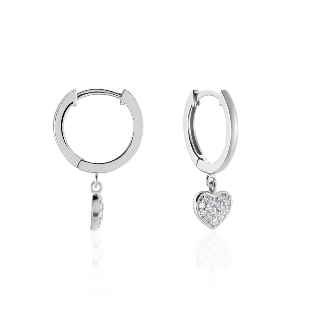 HOOPY Damen Creolen Silber 925 Zirkonia Weiß 0,03 ct Herz, Creolen mit Stein