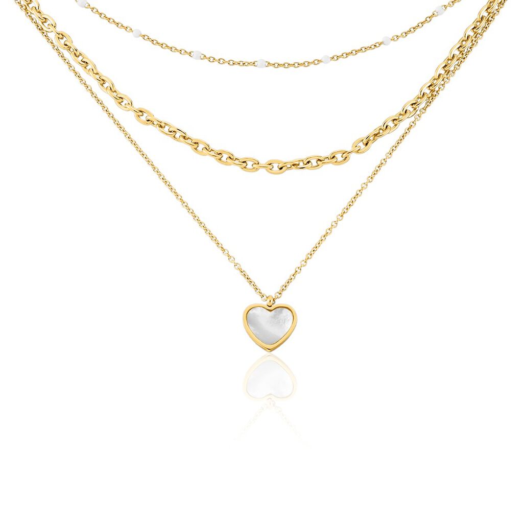 🦚 REBEKAH Damen Collier Edelstahl vergoldet Perlmutt Weiß Herz B 3,5 mm, Collier mit Stein