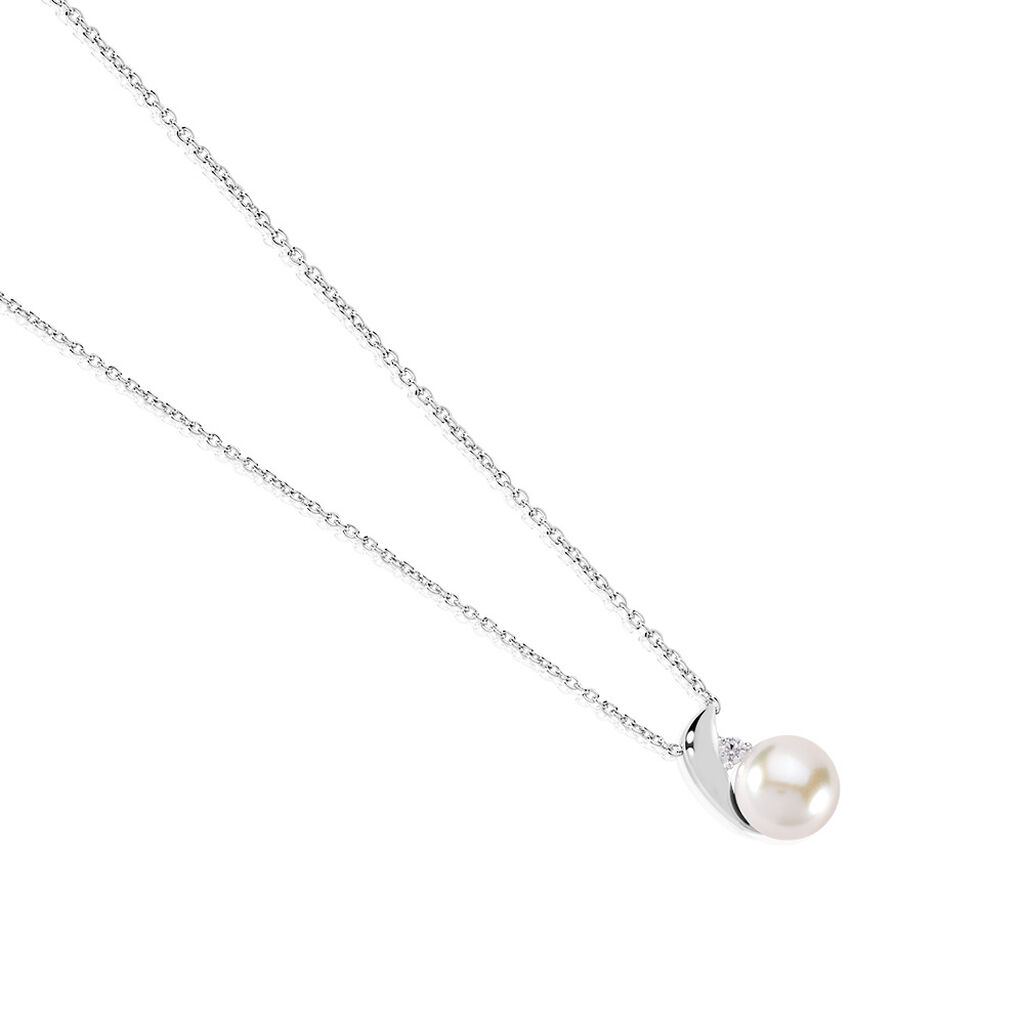 Marlen Damen Collier Silber 925 Zuchtperle Weiß B 1,3 mm, Collier mit Stein