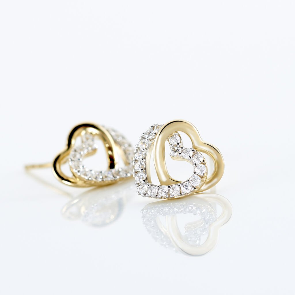 HERZ Damen Ohrstecker Gold 375 (9 Karat) Zirkonia Wei&szlig; Doppelherz