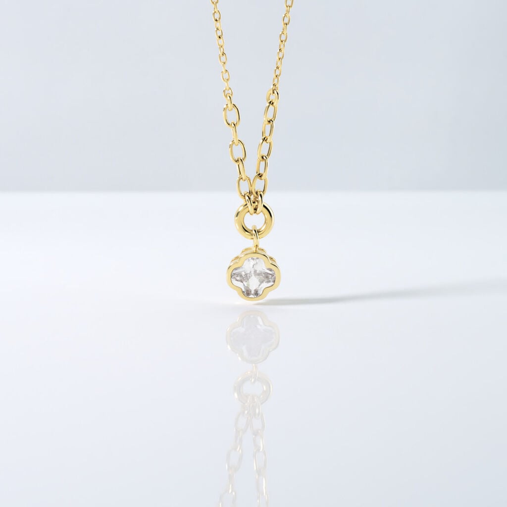 Selene Damen Collier Silber vergoldet 925 Zirkonia Wei&szlig; 1 ct Talisman Kleeblatt B 1 mm