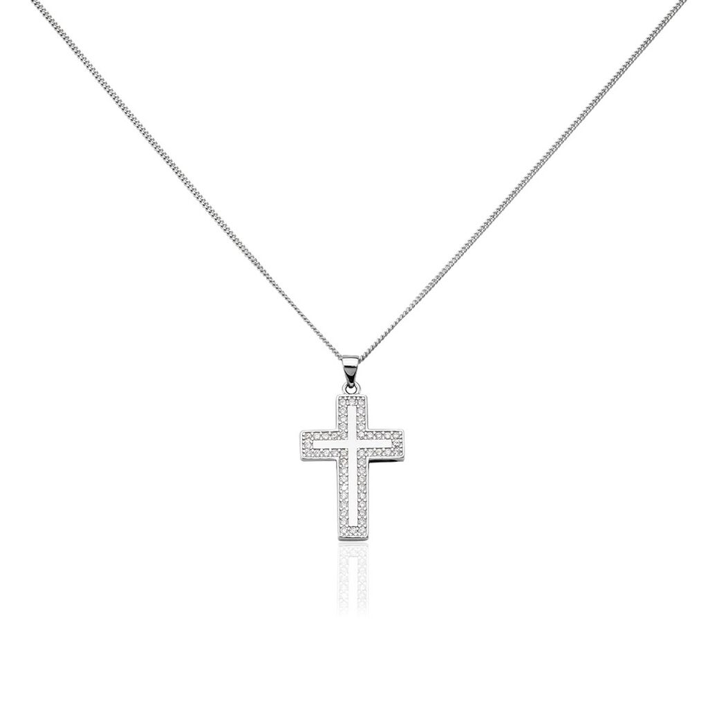 Damen Collier Silber 925 Zirkonia Weiß Religiöses Kreuz B 19,45 mm, Collier mit Stein