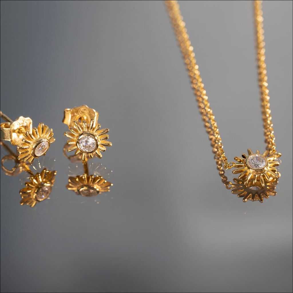 SUN Damen Collier Silber vergoldet 925 Zirkonia Weiß 0,03 ct Sonne - Halsketten Damen | OROVIVO
