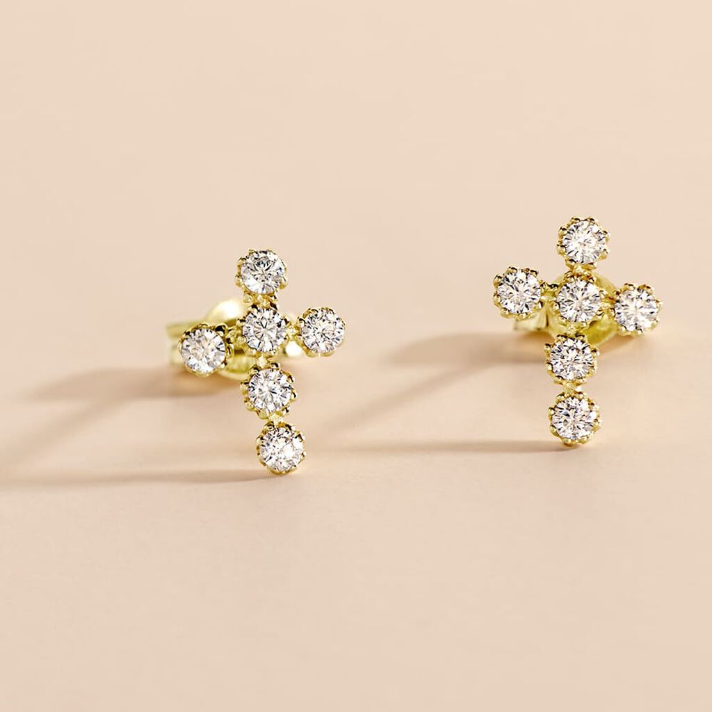 ENKE Damen Ohrstecker Gold 375 (9 Karat) Zirkonia Wei&szlig; 1,55 ct Religi&ouml;ses Kreuz