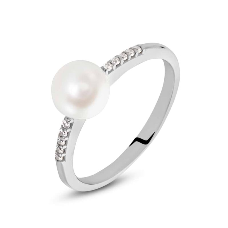Anello Solitario Gabrielle Oro Bianco Perla D'Acqua Dolce Cubic Zirconia - Spannringe Damen | OROVIVO
