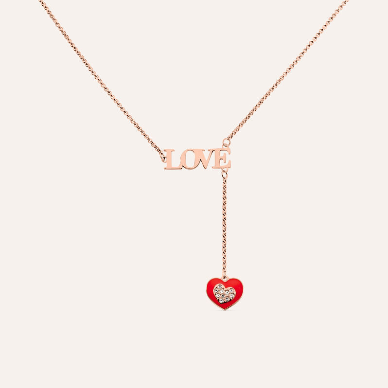 Collana in acciaio rosato con scritta Love e pendente charm cuore con strass - Spannringe Damen | OROVIVO