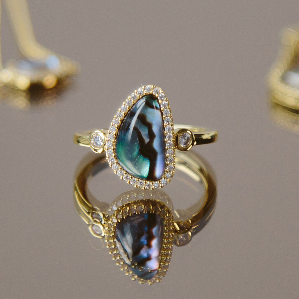 MANOLLA Damen Ring Silber vergoldet 925 Perlmutt Schwarzer Perlmutt Oval