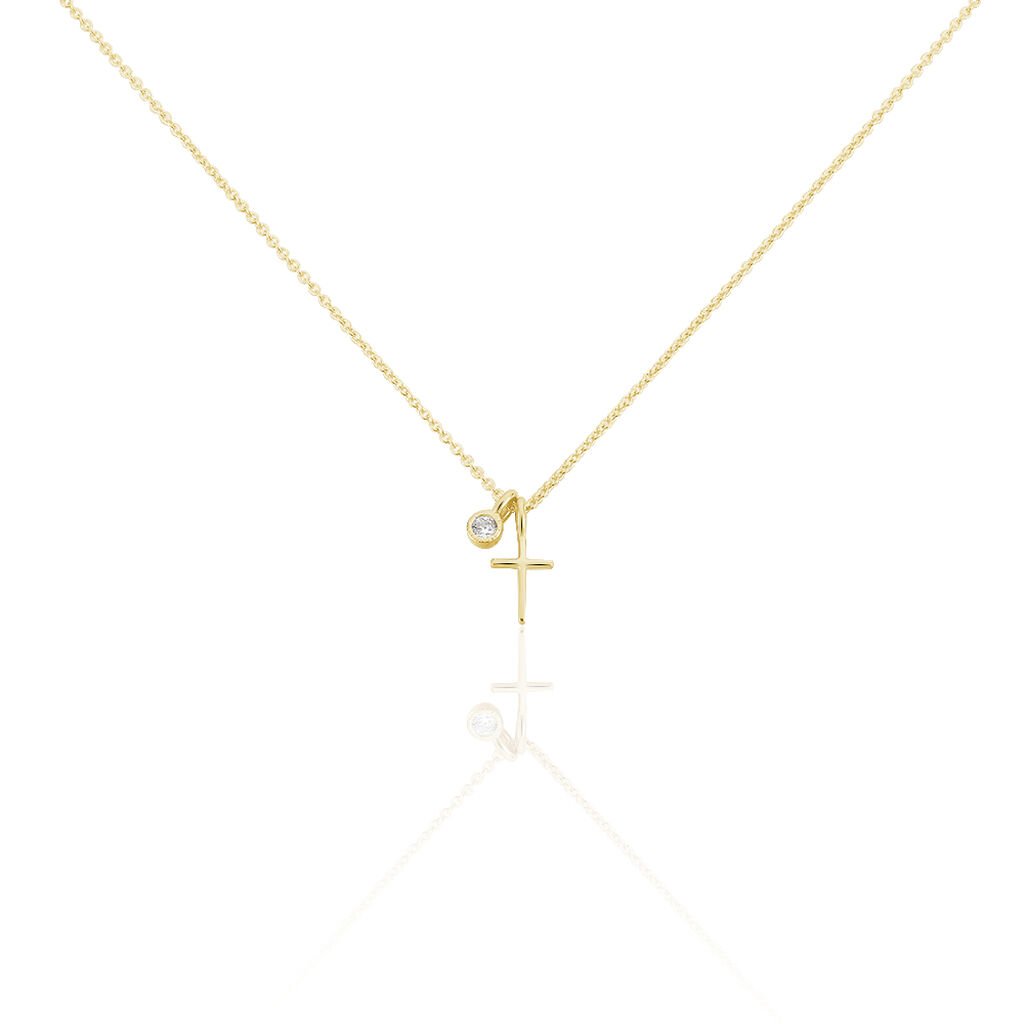 VOJNA 1 Damen Collier Silber vergoldet 925 Zirkonia Weiß 0,12 ct Religiöses Kreuz, Collier mit Stein