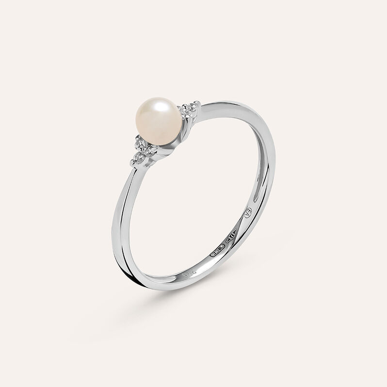 Anello Solitario Gabrielle Oro Bianco Perla D'Acqua Dolce Cubic Zirconia - Spannringe Damen | OROVIVO