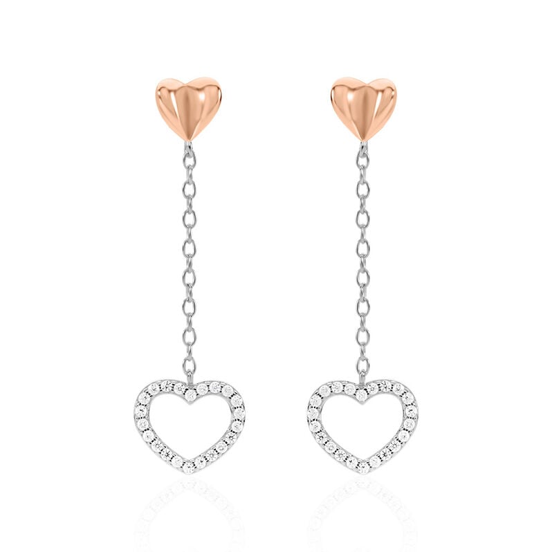 LIDA Damen Ohrringe Lang Silber Bicolor Silber/Ros&eacute;gold 925 Zirkonia Wei&szlig; Herz - Ohrringe mit Stein Damen | OROVIVO