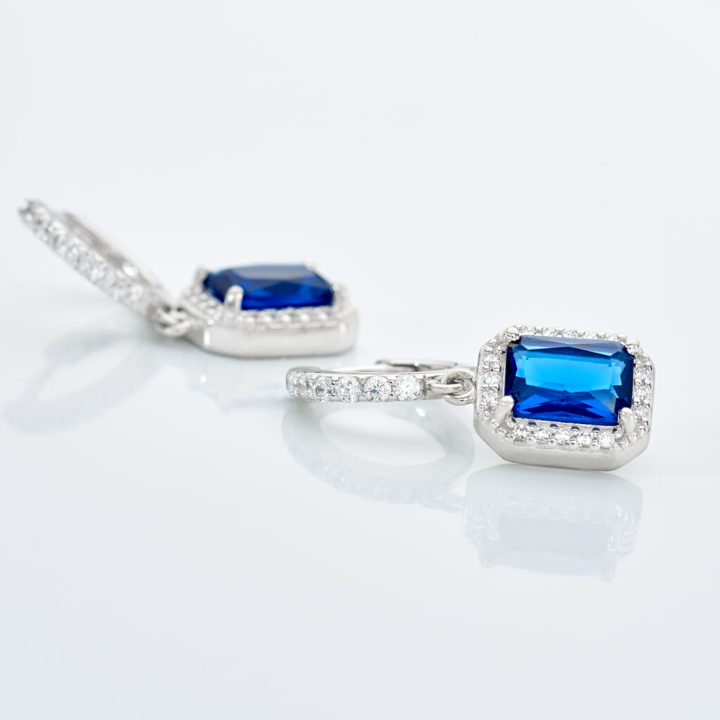 VELOURA Damen Ohrringe Lang Silber 925 Glas Blau 0,26 ct Rechteckig