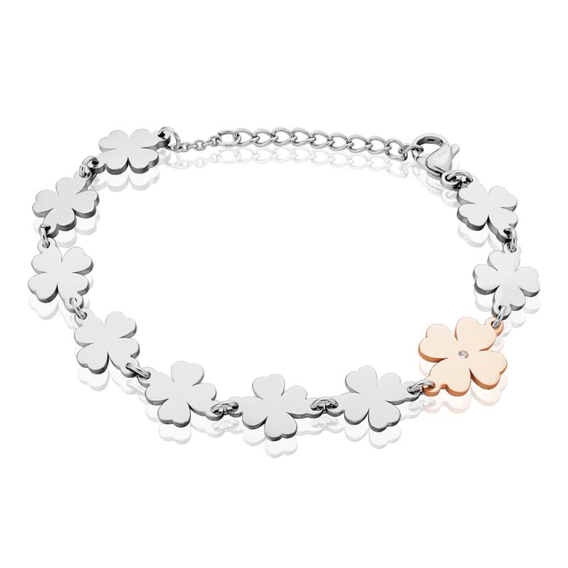 Bracciale in acciaio bicolore e strass con charm Quadrifoglio - Spannringe Damen | OROVIVO