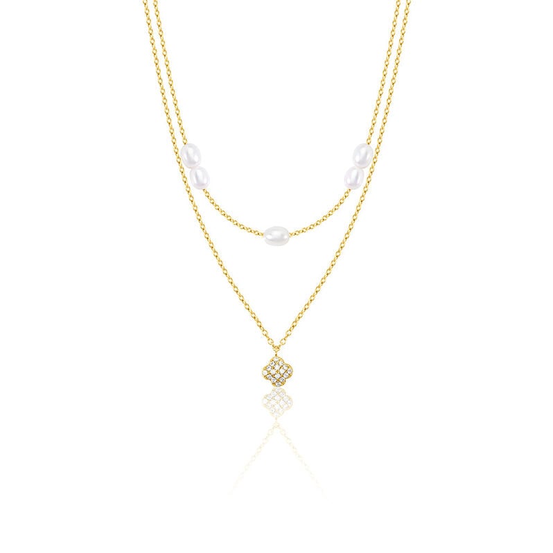 Angelina Damen Collier Silber vergoldet 925 Zuchtperle Wei&szlig; 3,75 ct Blume B 1,2 mm - Halsketten Damen | OROVIVO