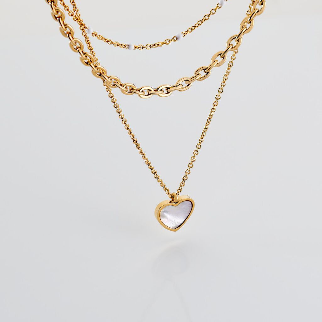 REBEKAH Damen Collier Edelstahl vergoldet Perlmutt Wei&szlig; Herz B 3,5 mm