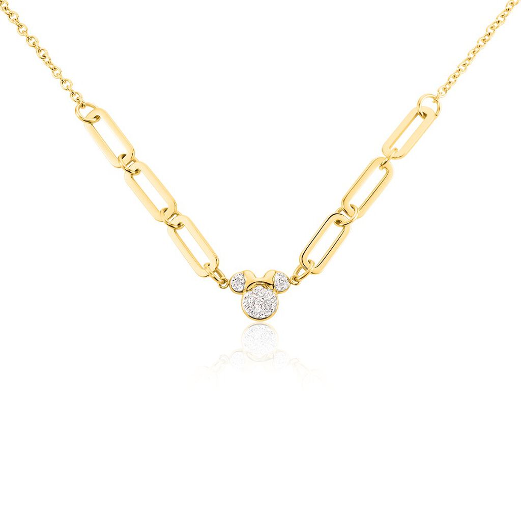 🦚 Damen Collier Edelstahl vergoldet Kristall Weiß Fantasiecharakter Mouse, Collier mit Stein