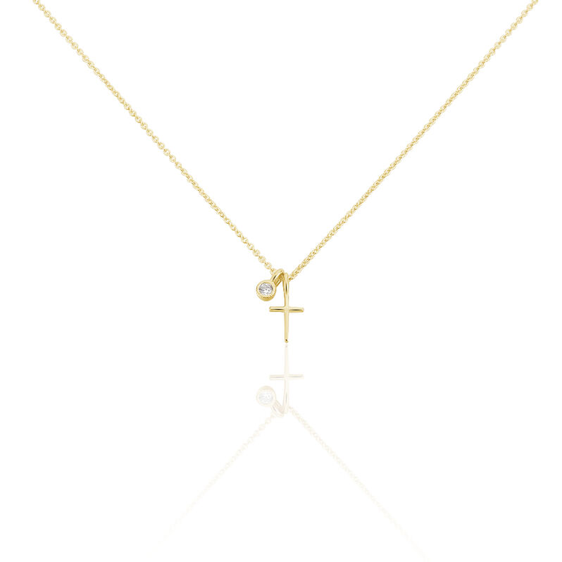 VOJNA 1 Damen Collier Silber vergoldet 925 Zirkonia Wei&szlig; 0,12 ct Religi&ouml;ses Kreuz - Halsketten Damen | OROVIVO