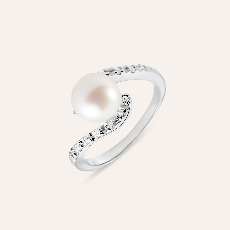 Anello Solitario Gold Pearls Oro Bianco Perla D'Acqua Dolce Diamante - Spannringe Damen | OROVIVO