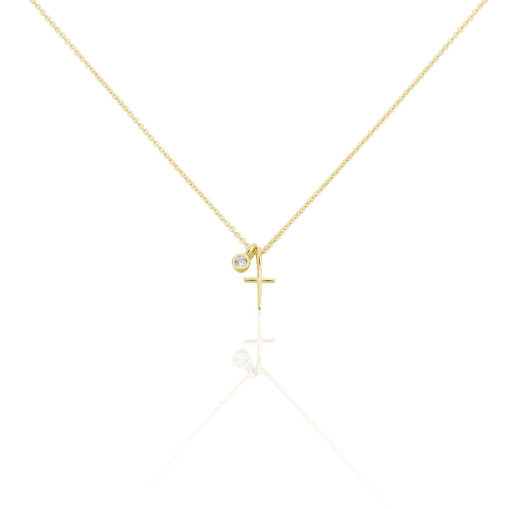 VOJNA 1 Damen Collier Silber vergoldet 925 Zirkonia Weiß 0,12 ct Religiöses Kreuz, Collier mit Stein