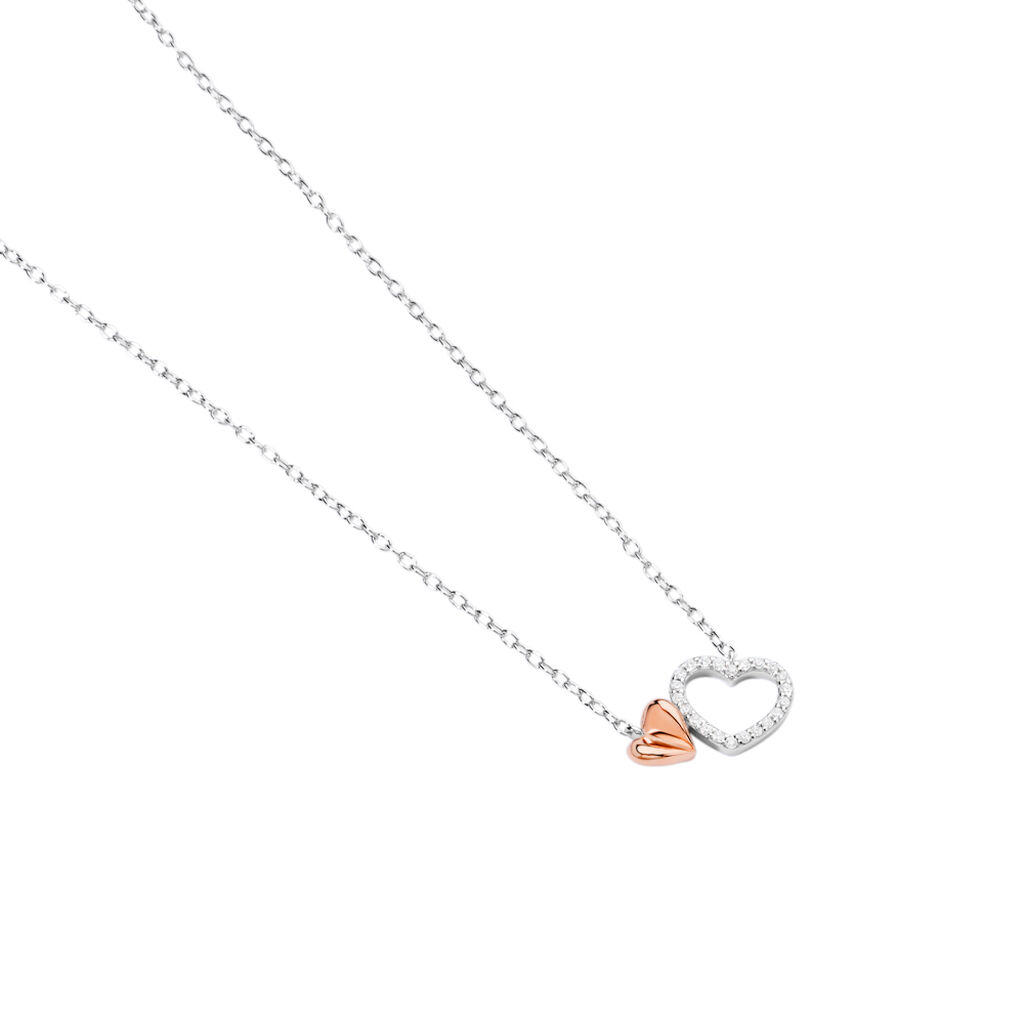 LIDA Damen Collier Silber Bicolor Silber/Ros&eacute;gold 925 Zirkonia Wei&szlig; Doppelherz