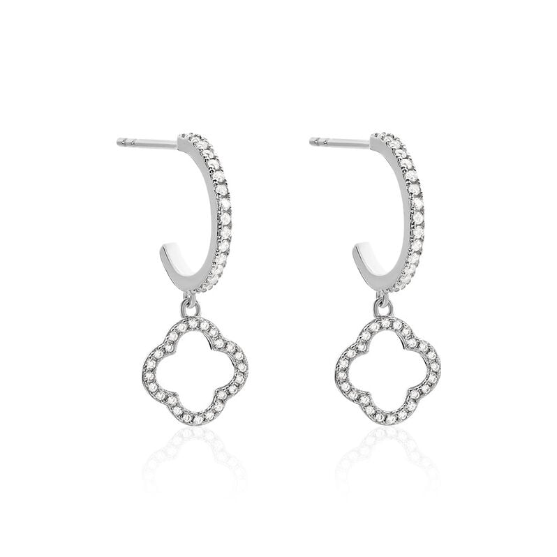 SELENA Damen Ohrringe Lang Silber 925 Zirkonia Weiß Talisman Kleeblatt - Ohrringe mit Stein Damen | OROVIVO