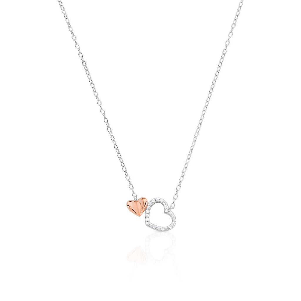 LIDA Damen Collier Silber Bicolor Silber/Ros&eacute;gold 925 Zirkonia Wei&szlig; Doppelherz