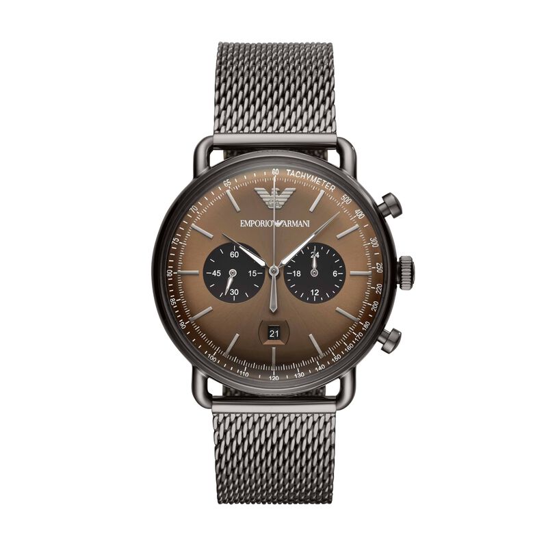 Emporio Armani orologio cronografo in acciaio dark silver con bracciale in mesh e quadrante marrone - Spannringe Herren | OROVIVO
