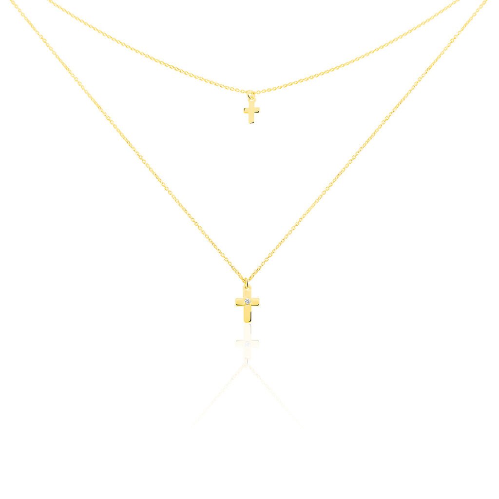 DELIA Damen Collier Gold 375 (9 Karat) Zirkonia Weiß 0,020 ct Religiöses Kreuz, Collier mit Stein