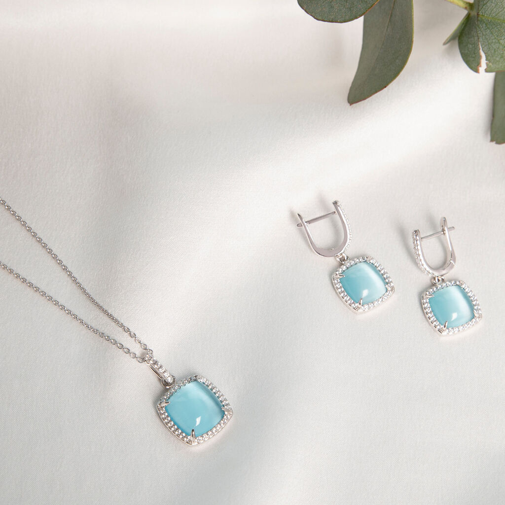 MIRENA Damen Ohrringe Lang Silber 925 Synthetischer Stein Blau 0,36 ct Viereck