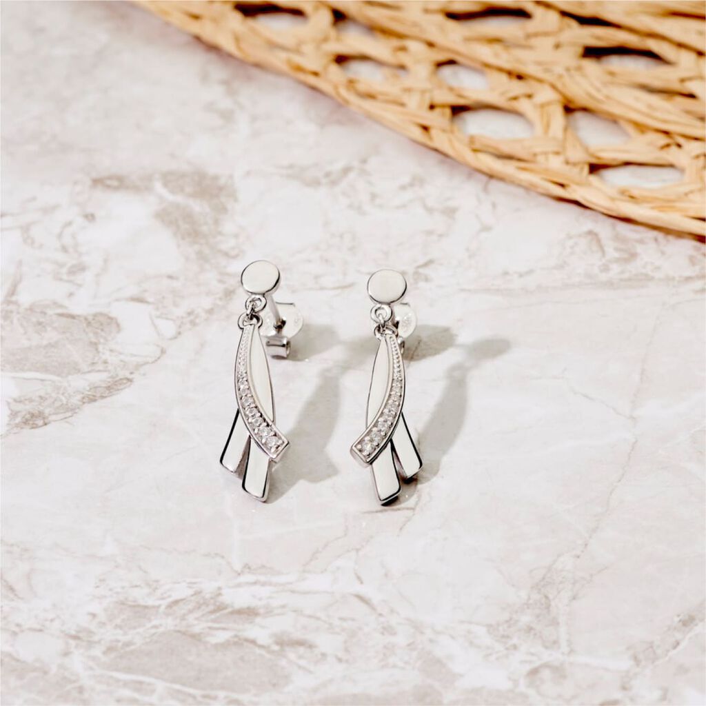 MARIE-ELSA 2 Damen Ohrringe Lang Silber 925 Zirkonia Wei&szlig; Welle