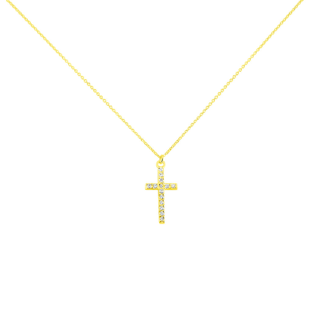 LIVIA Damen Collier Gold 375 (9 Karat) Zirkonia Wei&szlig; 0,21 ct Religi&ouml;ses Kreuz