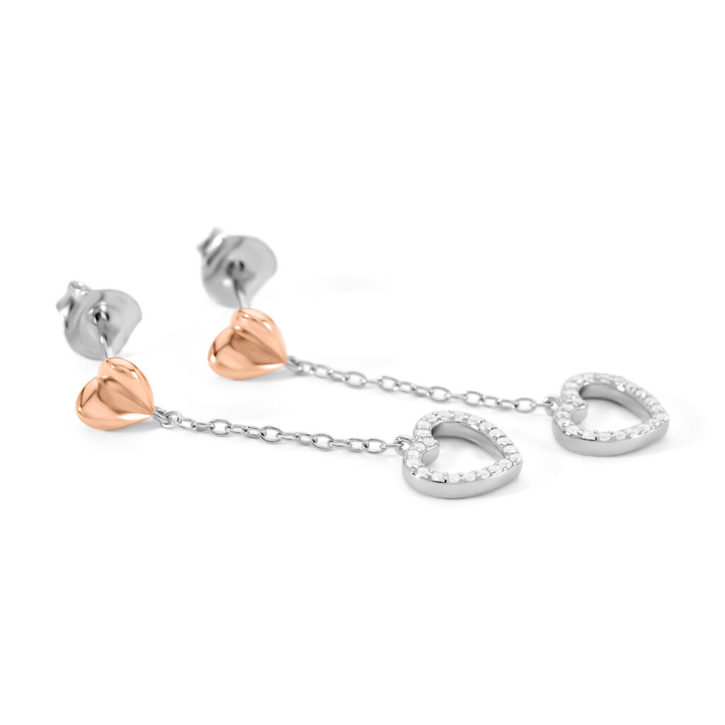 LIDA Damen Ohrringe Lang Silber Bicolor Silber/Ros&eacute;gold 925 Zirkonia Wei&szlig; Herz
