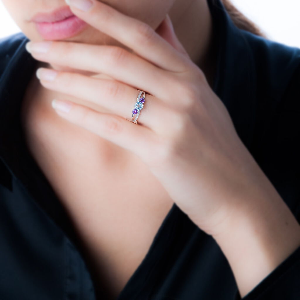 Bague Daniela Or Blanc Amethyste Et Diamant Et Topaze - Spannringe Damen | OROVIVO