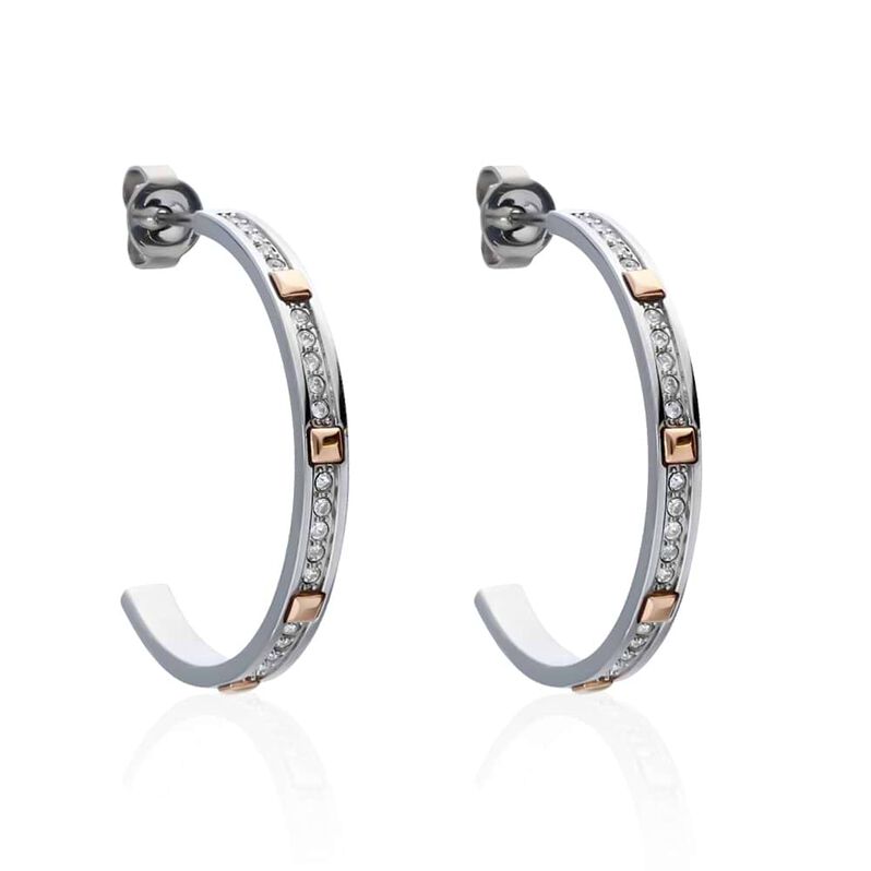 Orecchini a cerchio in acciaio e strass con dettagli oro rosa - Spannringe Damen | OROVIVO