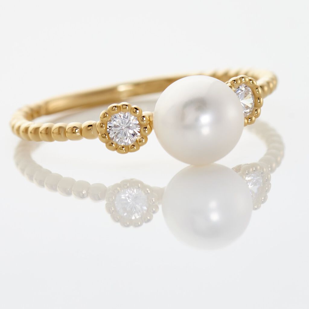Damenring Gold 375 Zuchtperle Zirkonia Trilogie Harmony - Ringe mit Stein Damen | OROVIVO
