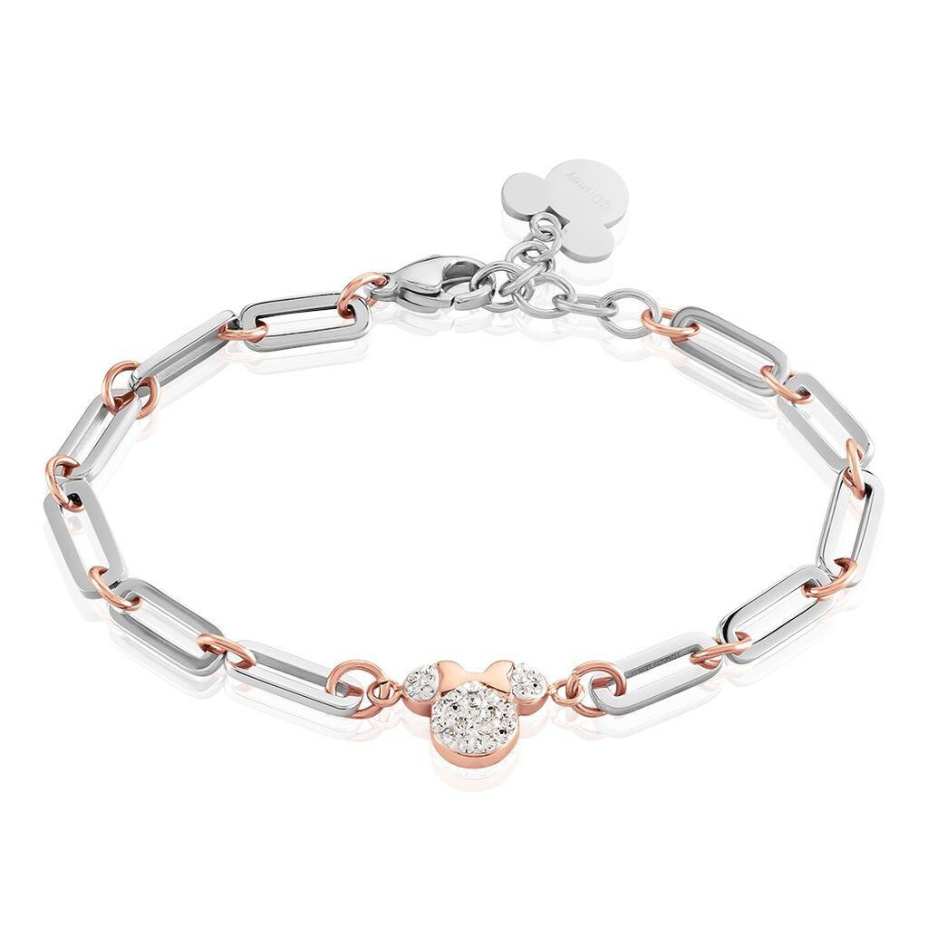 🦚 Damen Armband Edelstahl Bicolor Silber/Roségold Kristall Weiß Fantasiecharakter Mouse, Armband mit Stein