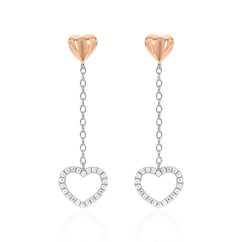 LIDA Damen Ohrringe Lang Silber Bicolor Silber/Ros&eacute;gold 925 Zirkonia Wei&szlig; Herz - Ohrringe mit Stein Damen | OROVIVO