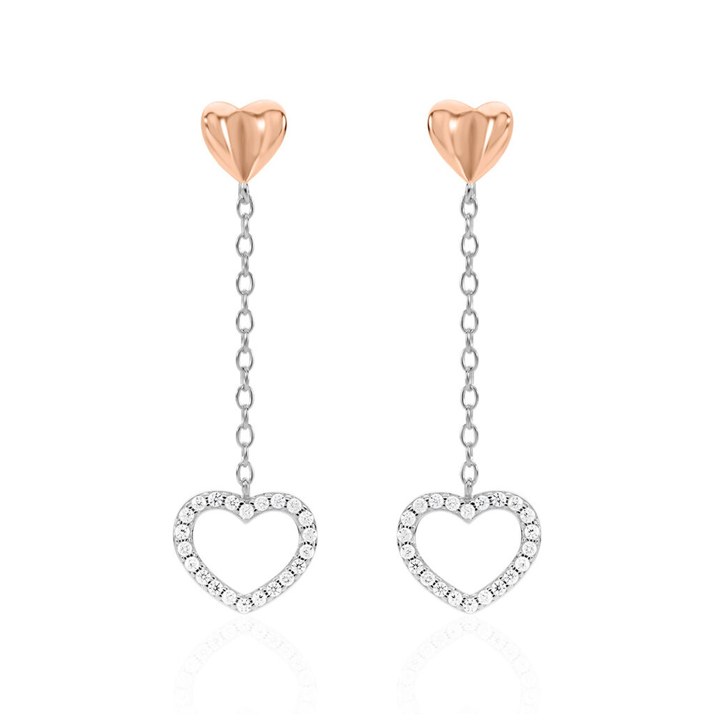 LIDA Damen Ohrringe Lang Silber Bicolor Silber/Roségold 925 Zirkonia Weiß Herz, Ohrringe Lang mit Stein