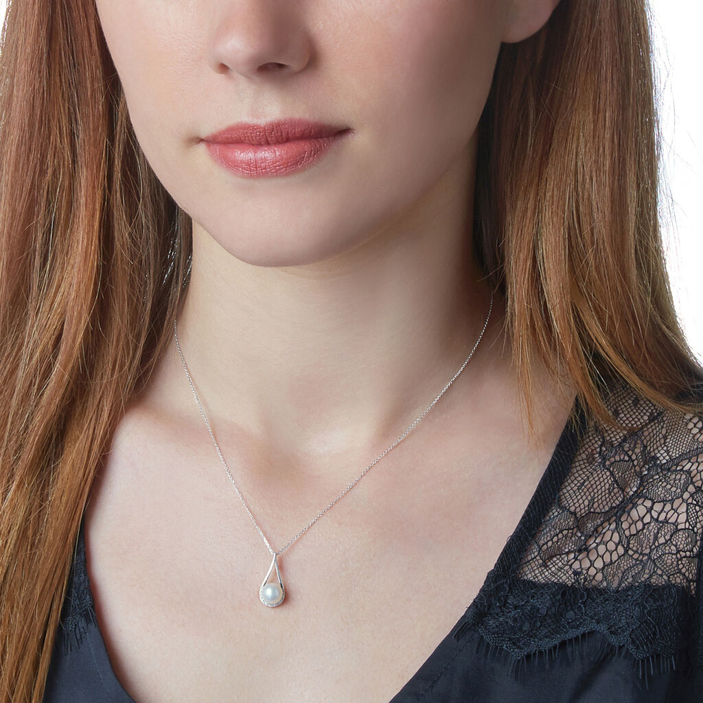 Collier Elisabeth Or Blanc Diamant Et Perle De Culture - Spannringe Damen | OROVIVO