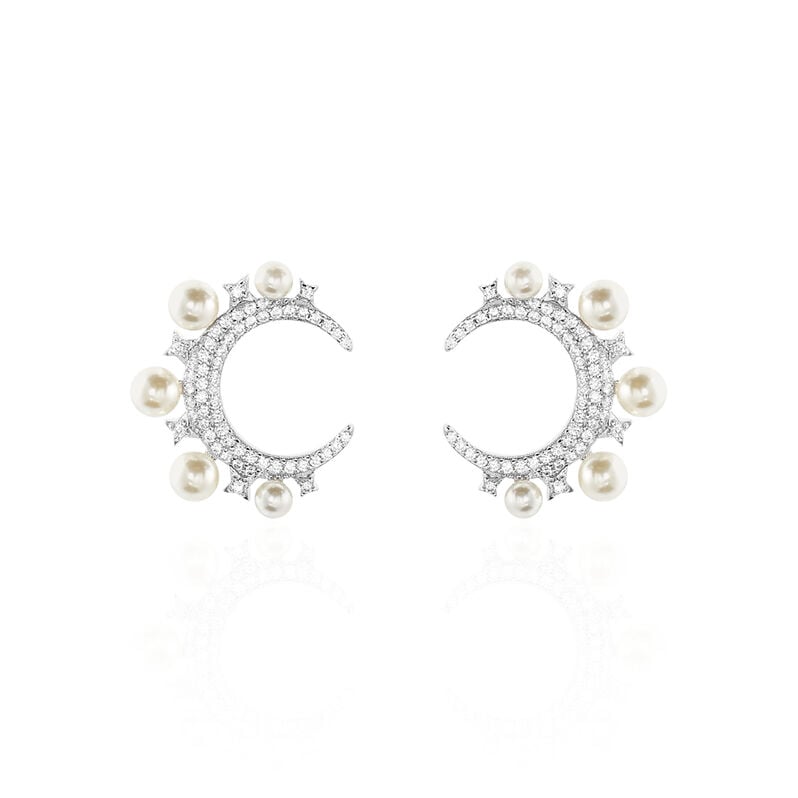 Boucles D'oreilles Puces Moon Argent Perle D'imitation Et Oxyde - Spannringe Damen | OROVIVO
