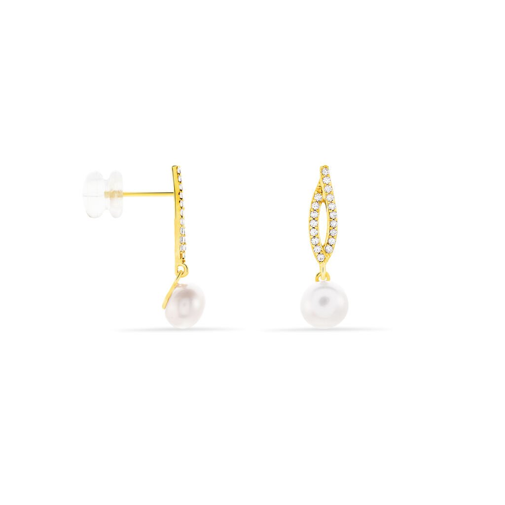 TESNIMAE Damen Ohrringe Lang Gold 375 (9 Karat) Zuchtperle Wei&szlig;er Perlmutt 10,37 ct Mandel