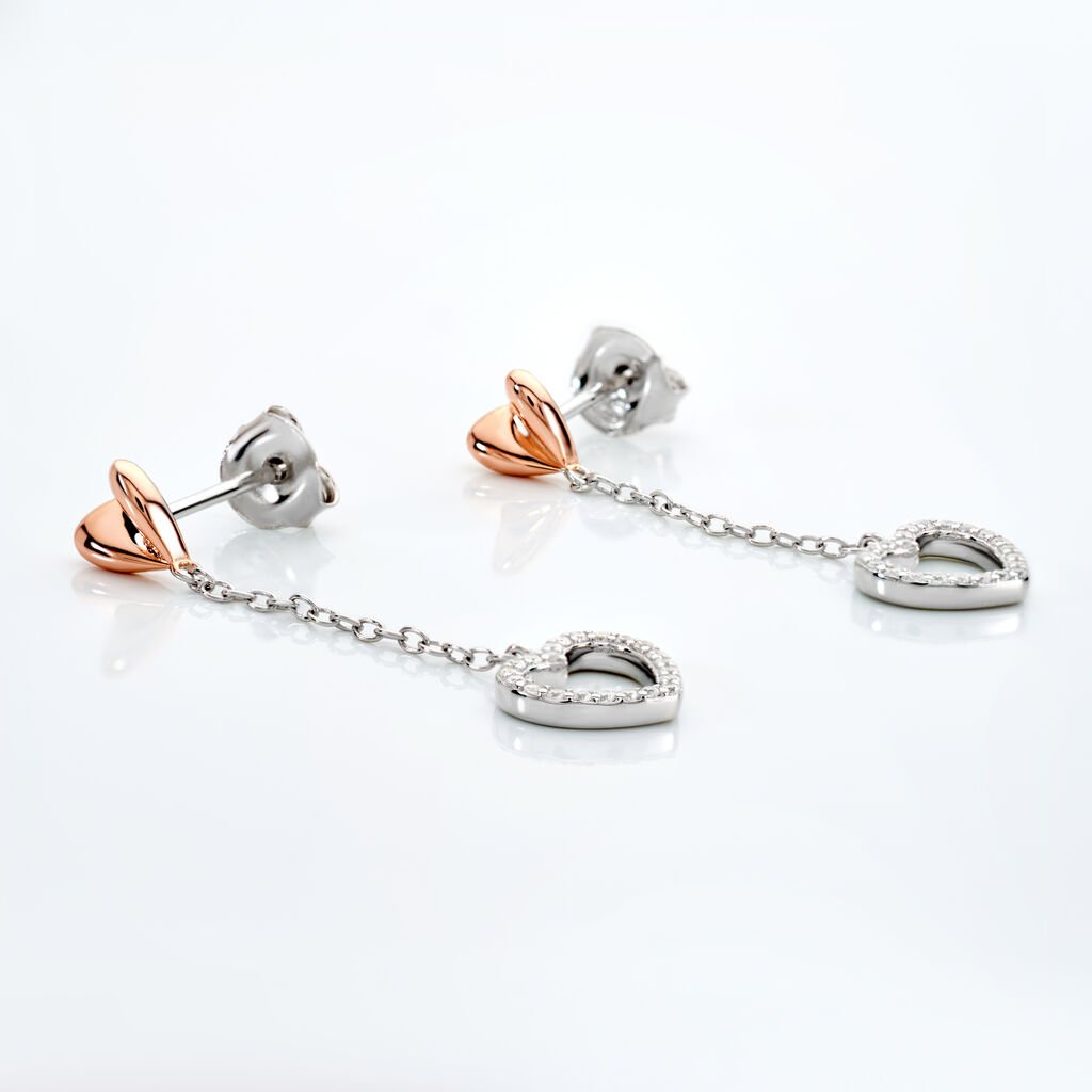LIDA Damen Ohrringe Lang Silber Bicolor Silber/Ros&eacute;gold 925 Zirkonia Wei&szlig; Herz